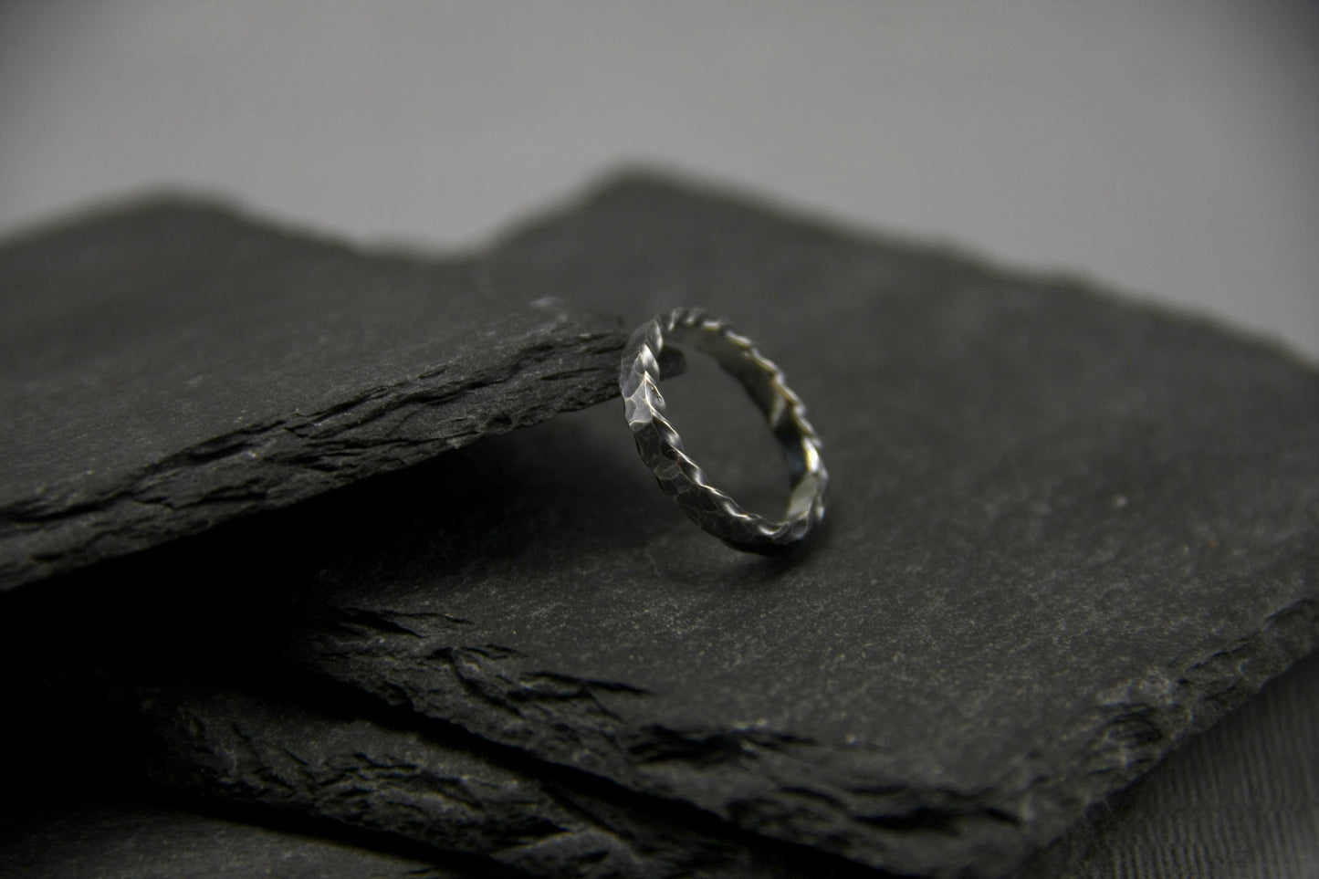 Hammered silver stacking ring, oxidised Viking band, thin Sterling ring