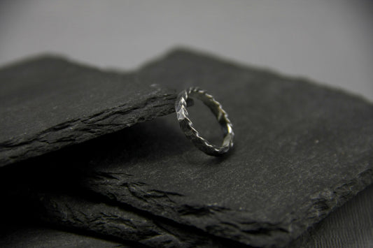 Hammered silver stacking ring, oxidised Viking band, thin Sterling ring