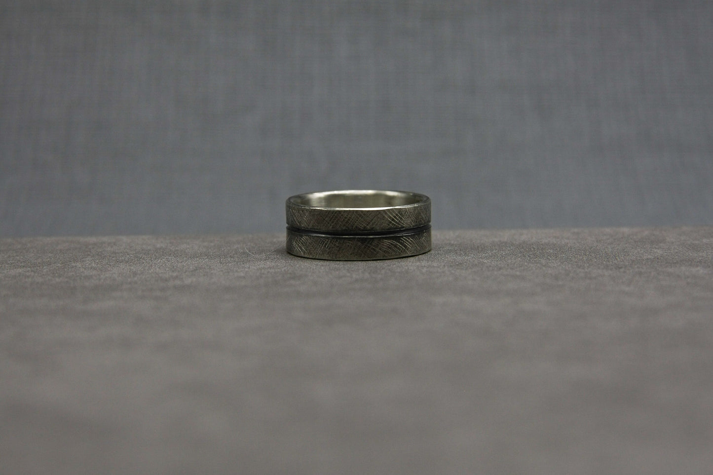 Scratched silver ring, oxidised silver men band, unique wedding ring