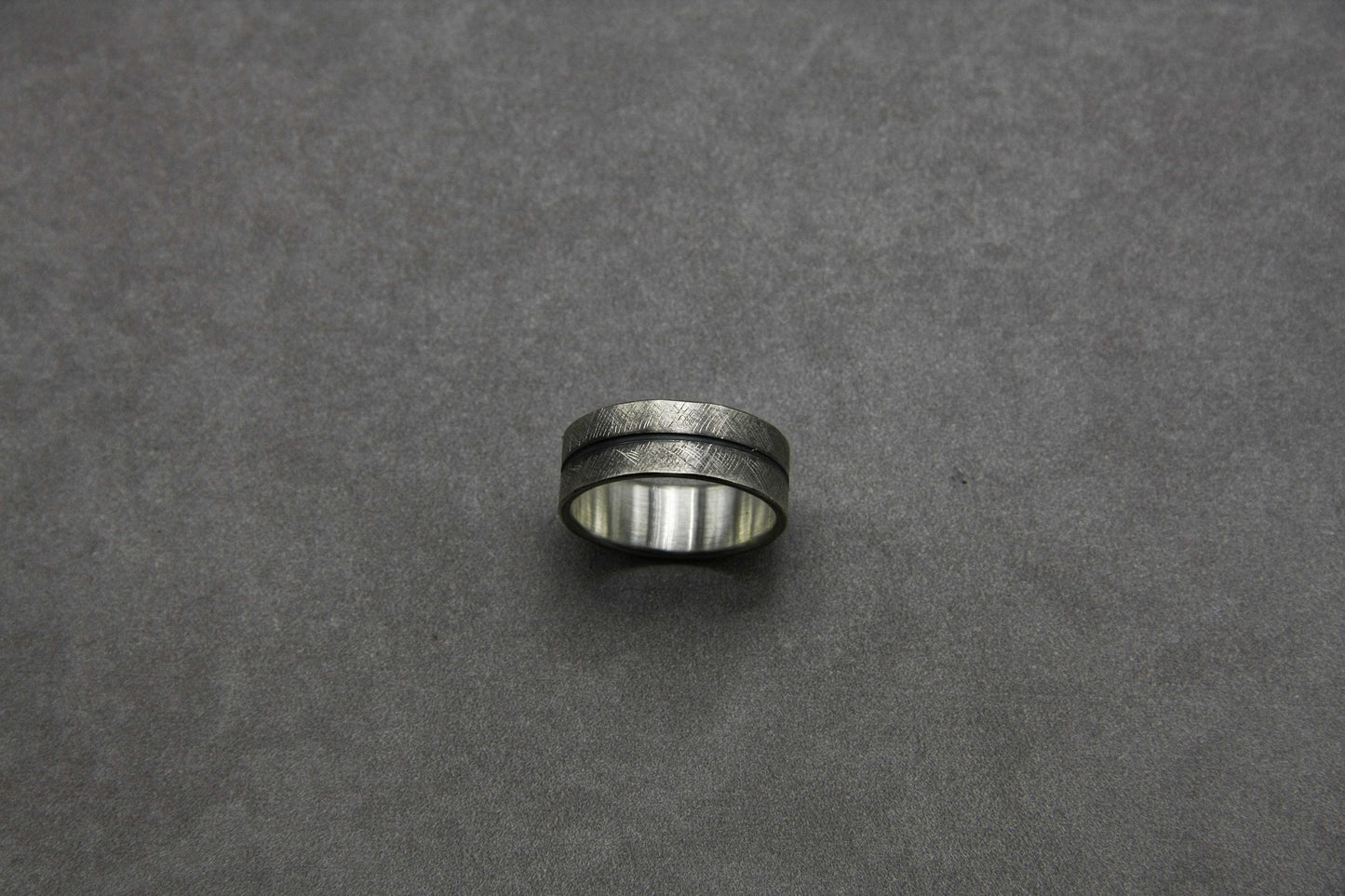 Scratched silver ring, oxidised silver men band, unique wedding ring