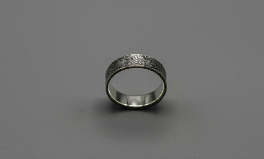 Patterned silver ring, hammered band, unique wedding ring