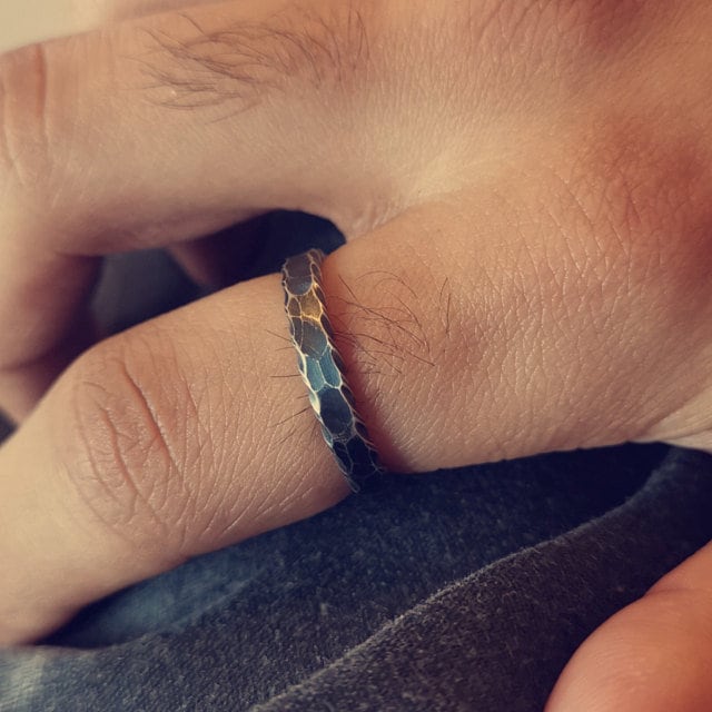 Hammered silver stacking ring, oxidised Viking band, thin Sterling ring