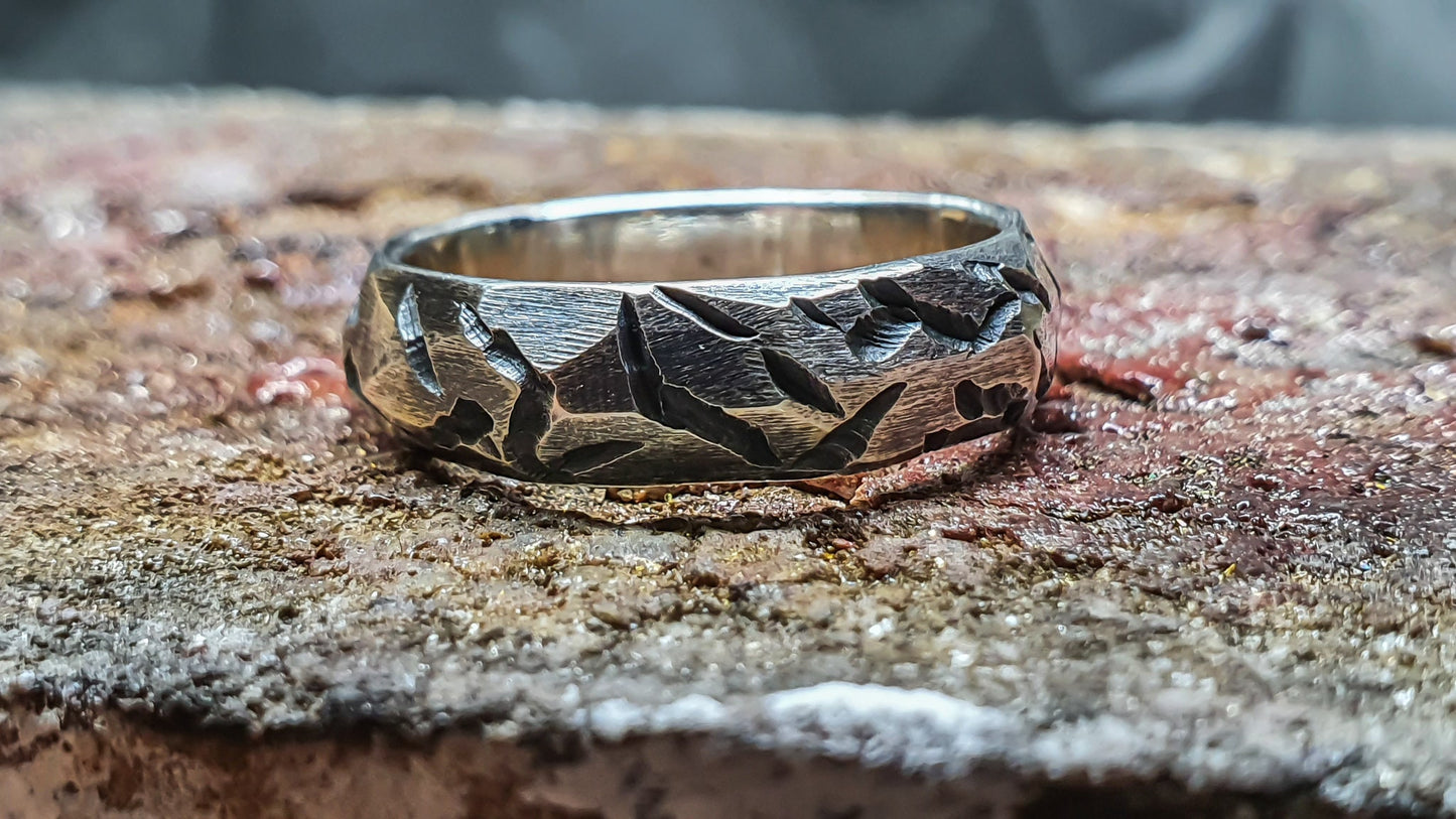 Viking ring, silver warrior band, hammered faceted textured ring