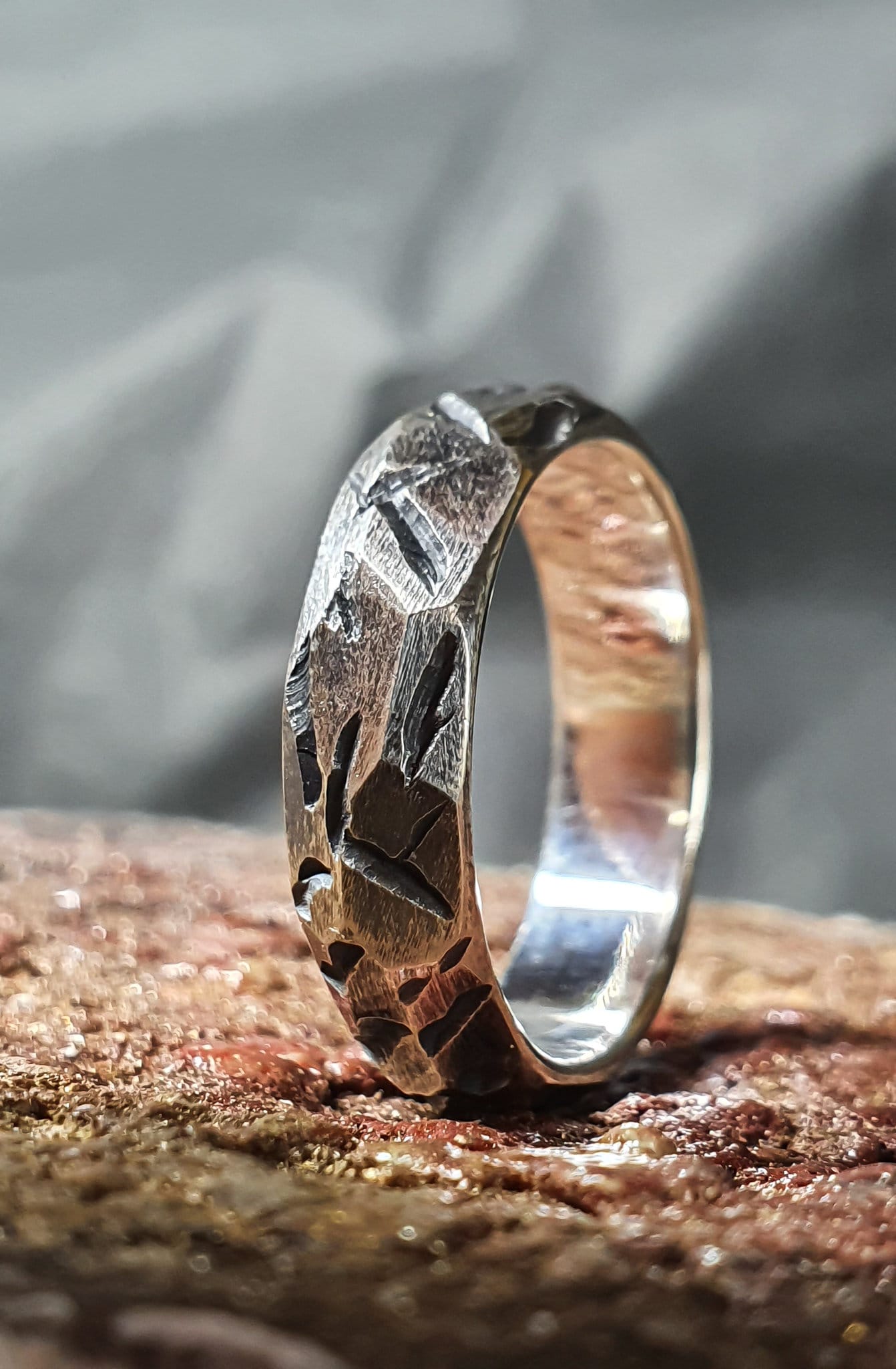 Viking ring, silver warrior band, hammered faceted textured ring