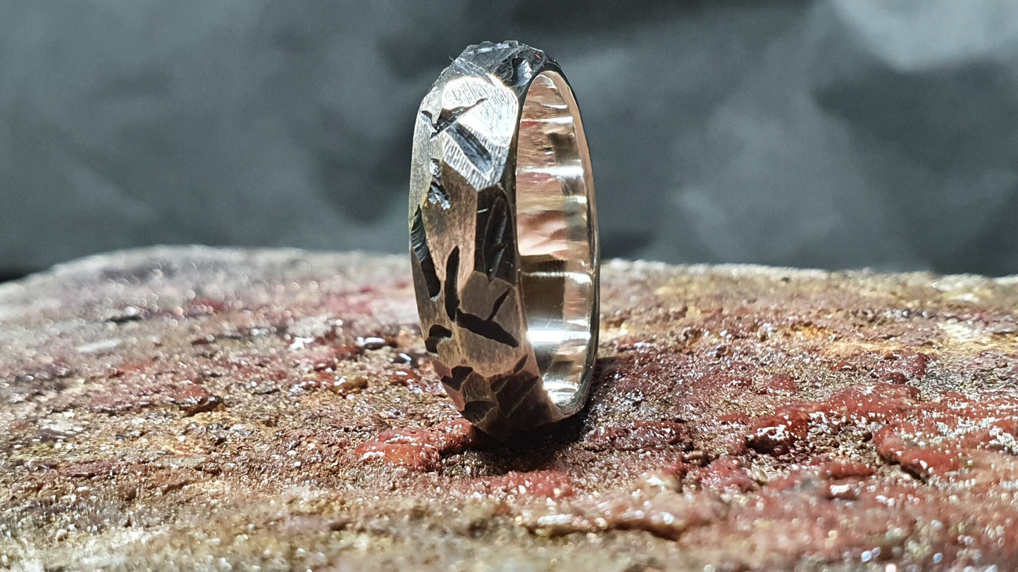 Viking ring, silver warrior band, hammered faceted textured ring