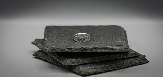 Silver ring, moon texture, Distressed band