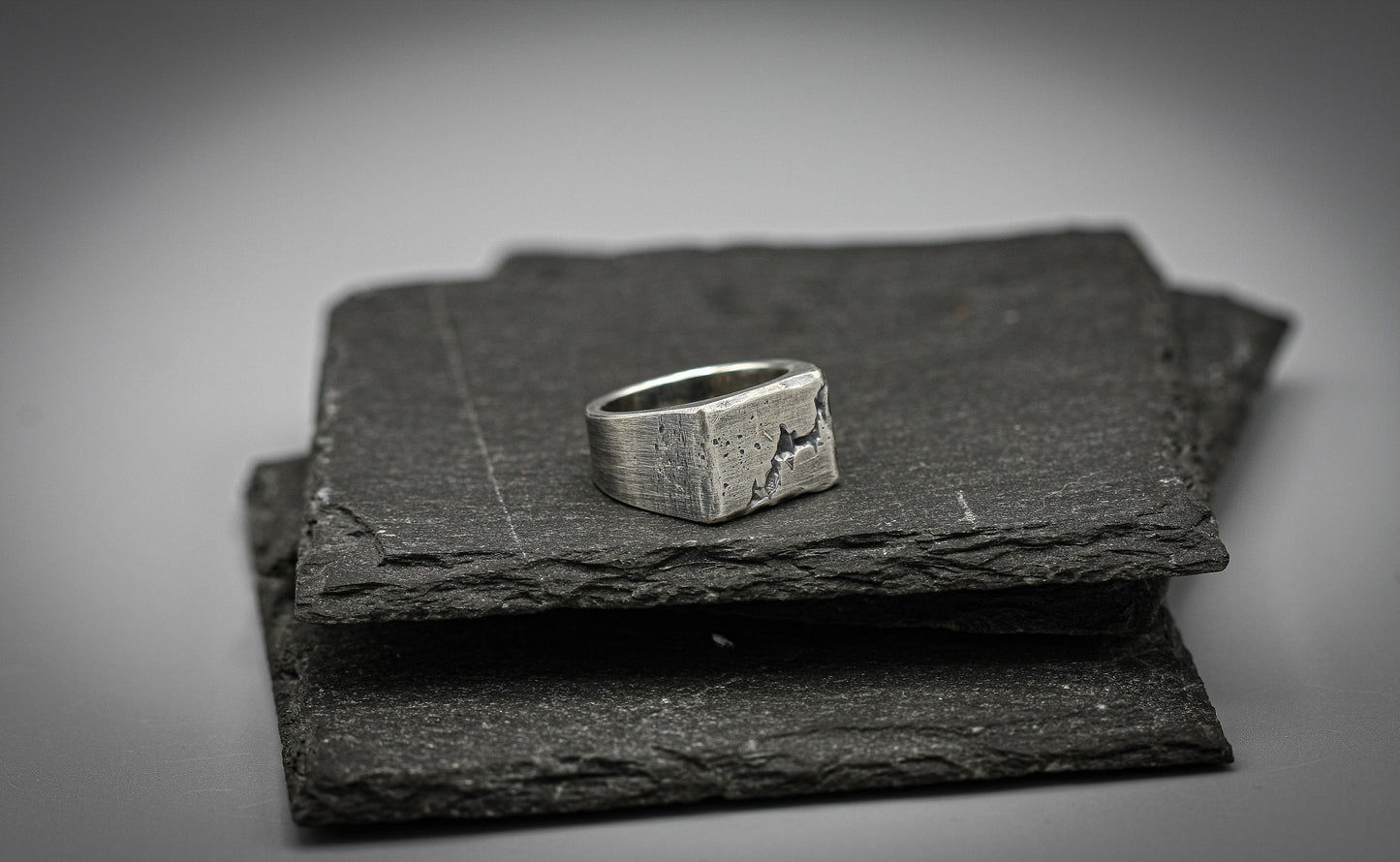 Rough fracture, silver signet ring