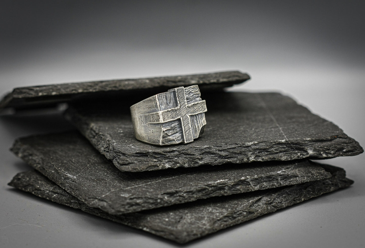 Silver cross signet ring, Heavy wide Brutalist band
