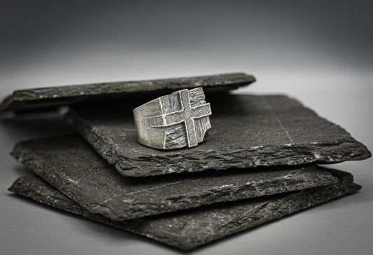 Silver cross signet ring, Heavy wide Brutalist band