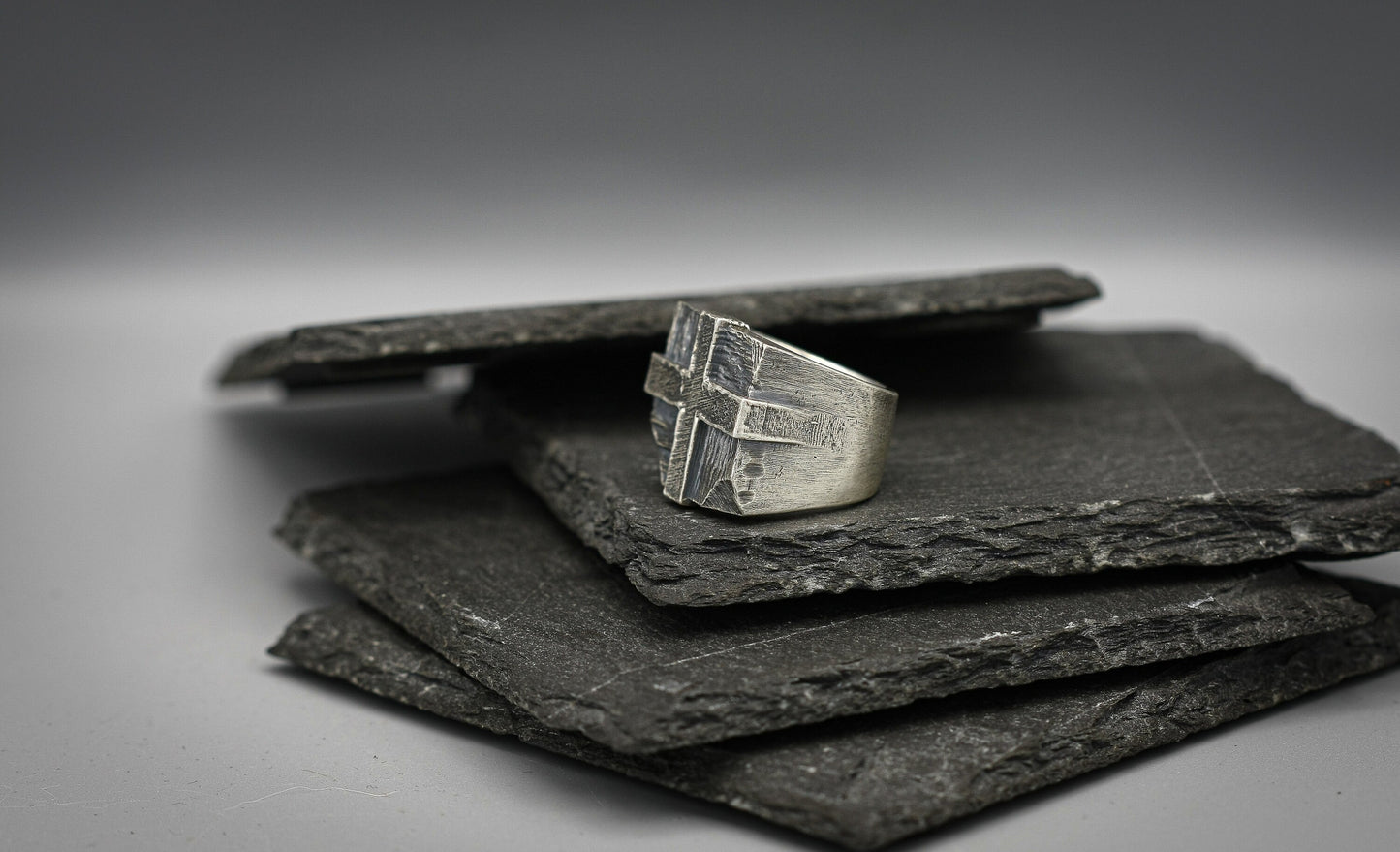 Silver cross signet ring, Heavy wide Brutalist band