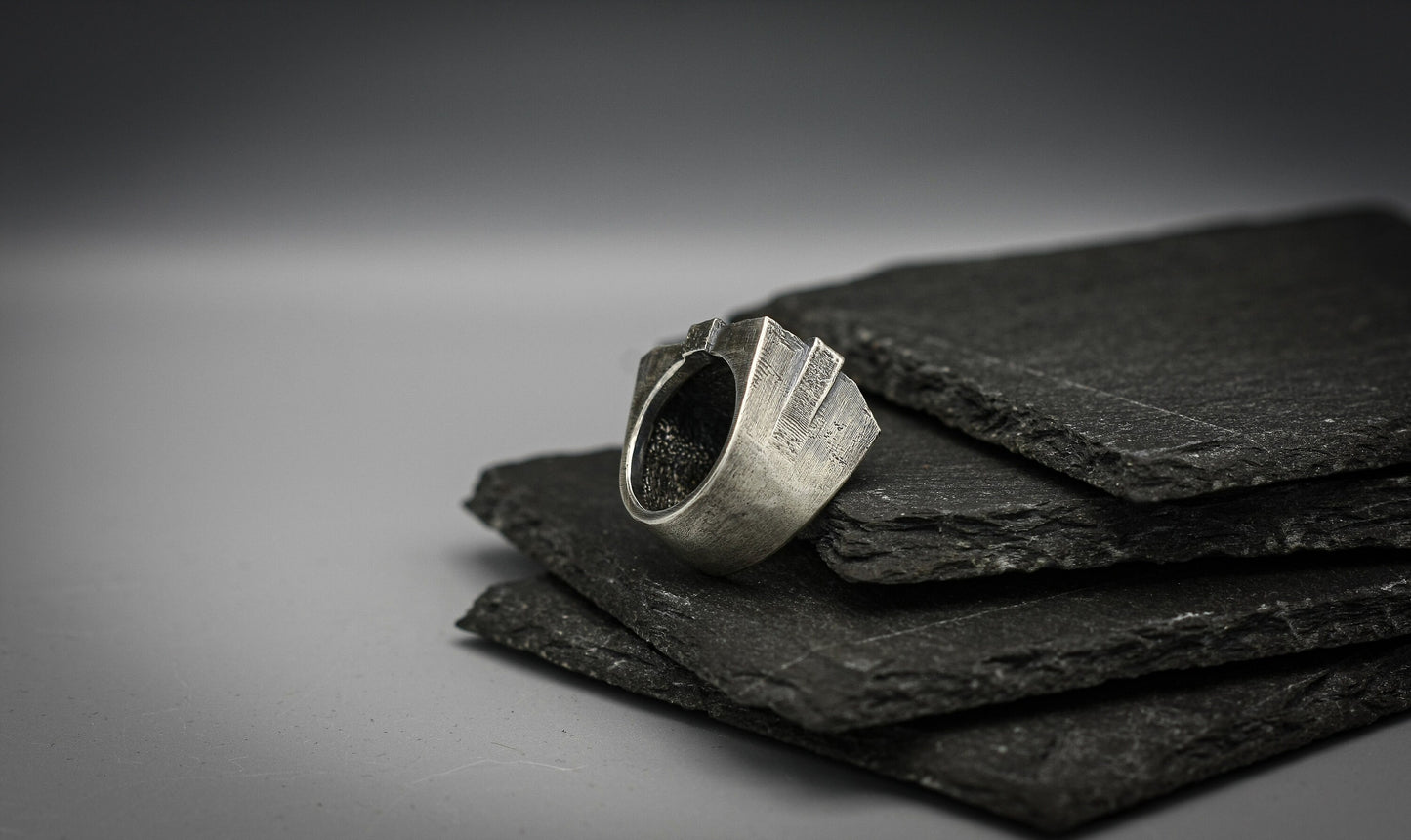 Silver cross signet ring, Heavy wide Brutalist band