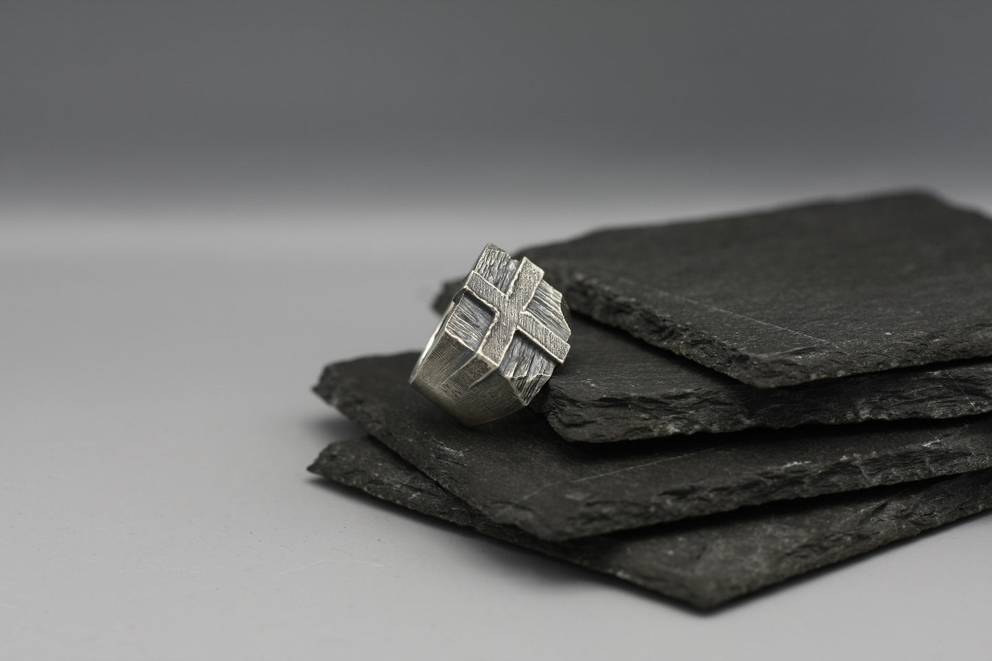 Silver cross signet ring, Heavy wide Brutalist band