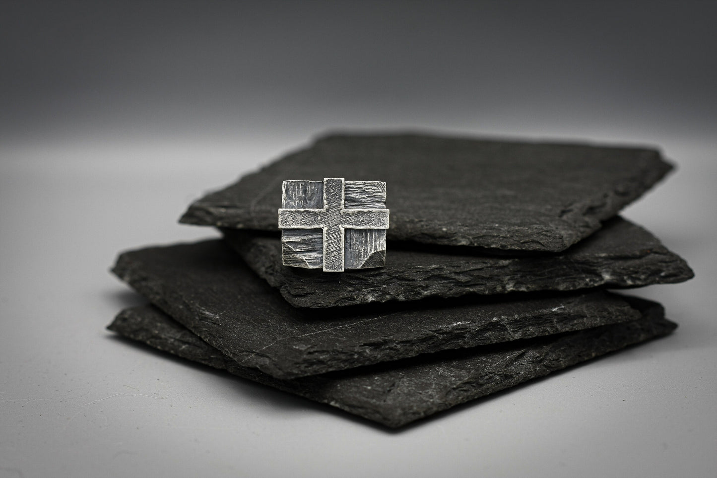 Silver cross signet ring, Heavy wide Brutalist band