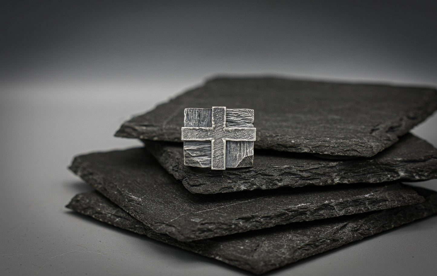 Silver cross signet ring, Heavy wide Brutalist band