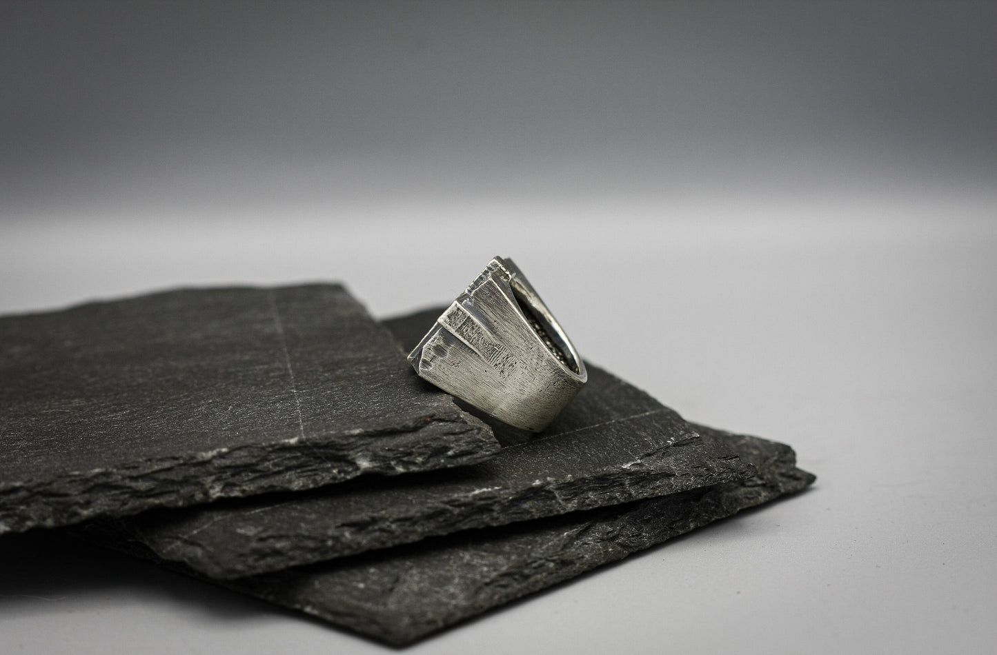 Silver cross signet ring, Heavy wide Brutalist band