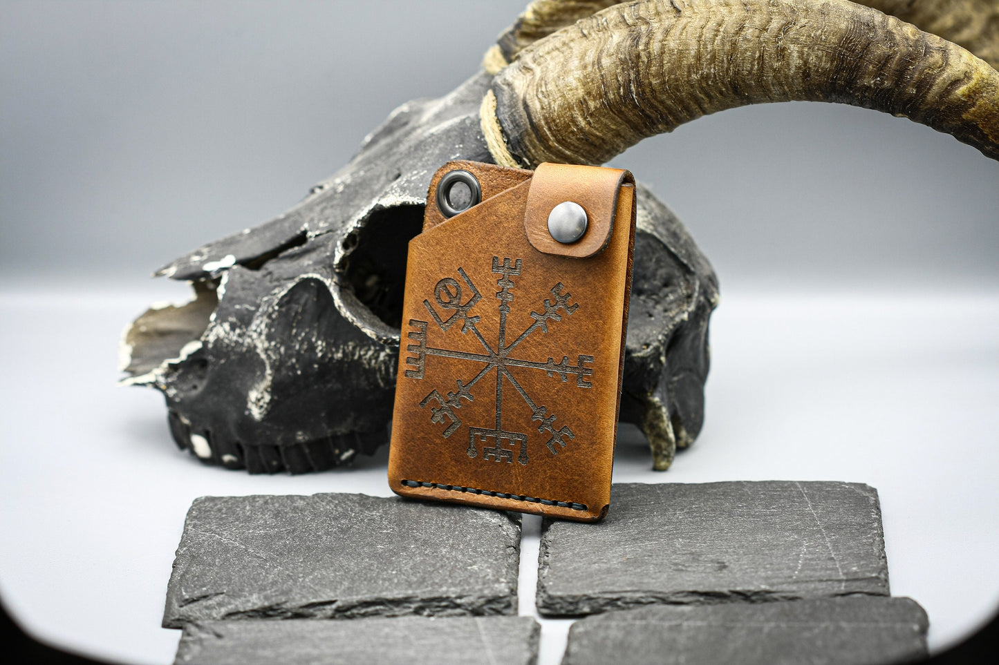 Brown Leather wallet with Viking compass Vegvisir symbol.