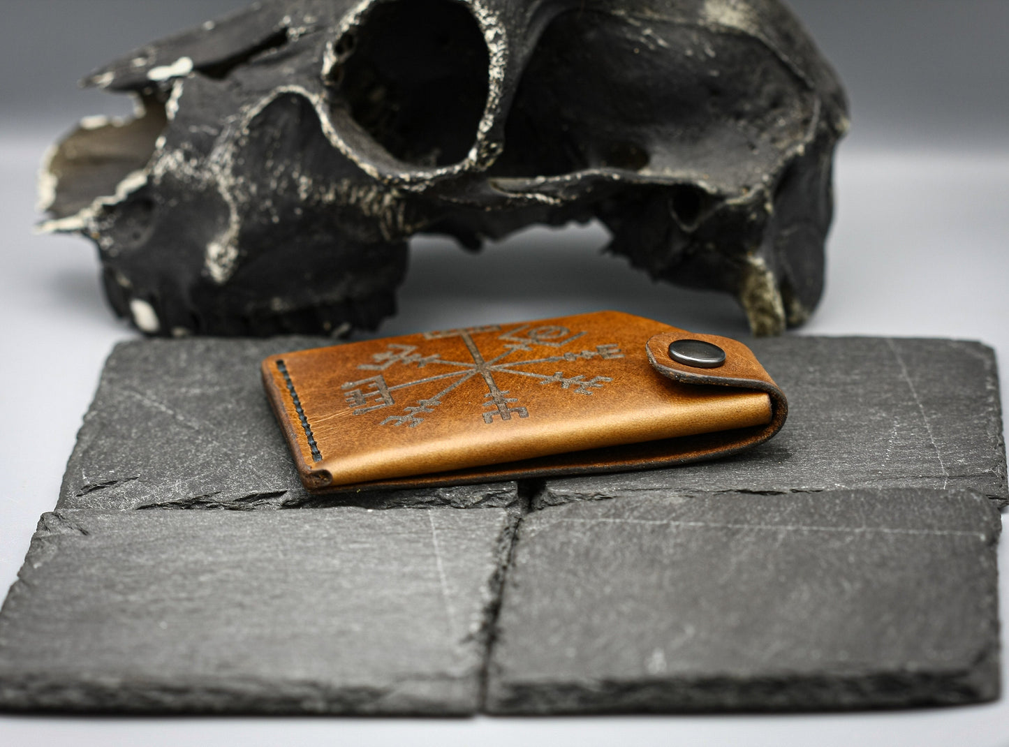Brown Leather wallet with Viking compass Vegvisir symbol.