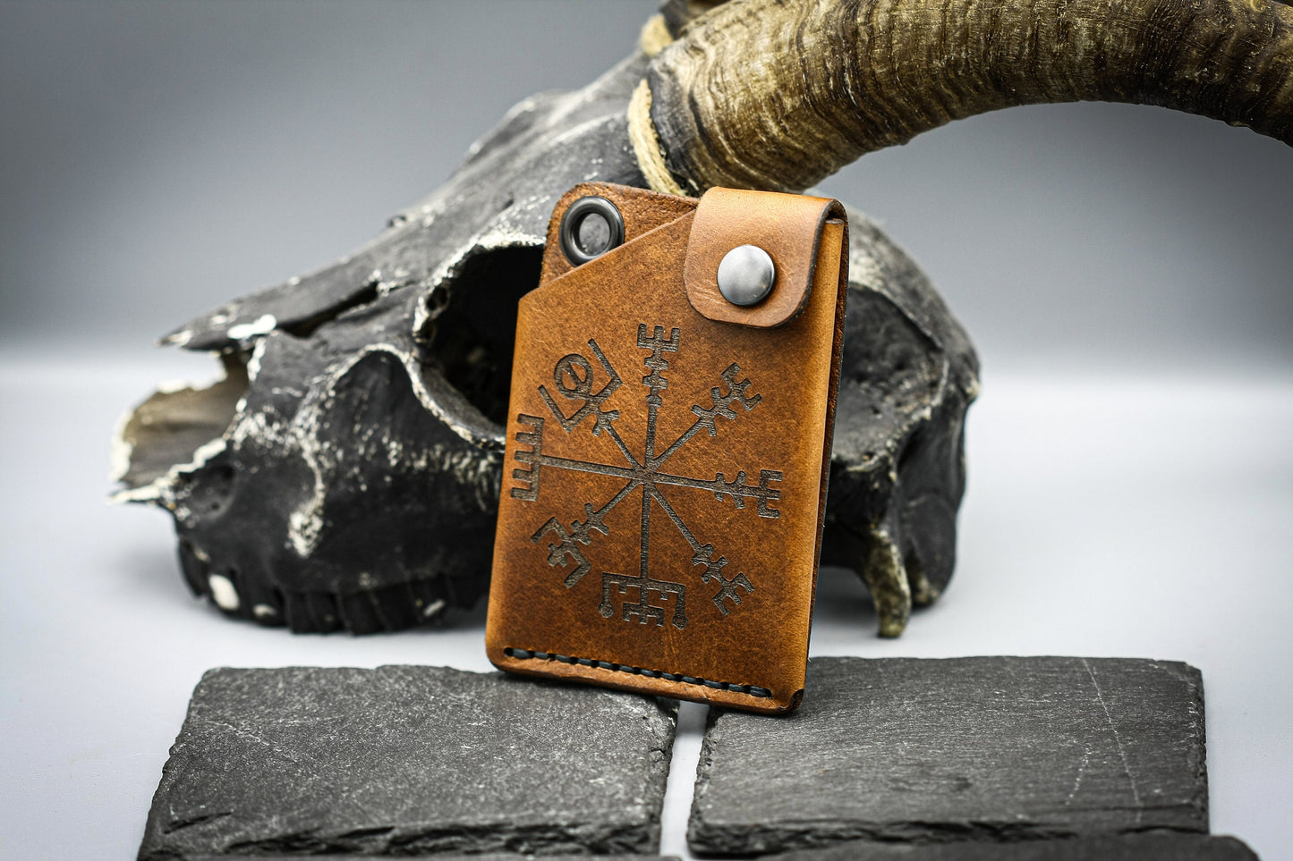 Brown Leather wallet with Viking compass Vegvisir symbol.