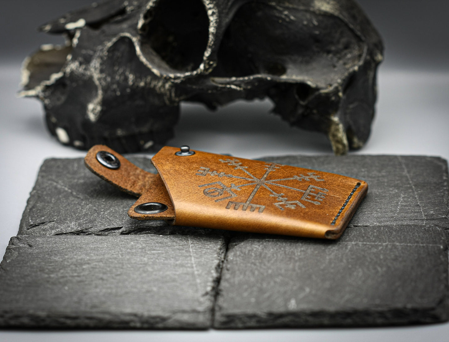 Brown Leather wallet with Viking compass Vegvisir symbol.