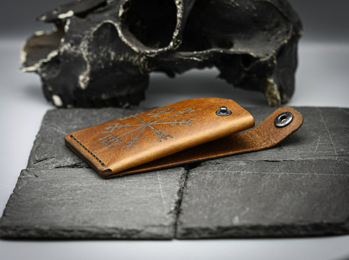 Brown Leather wallet with Viking compass Vegvisir symbol.