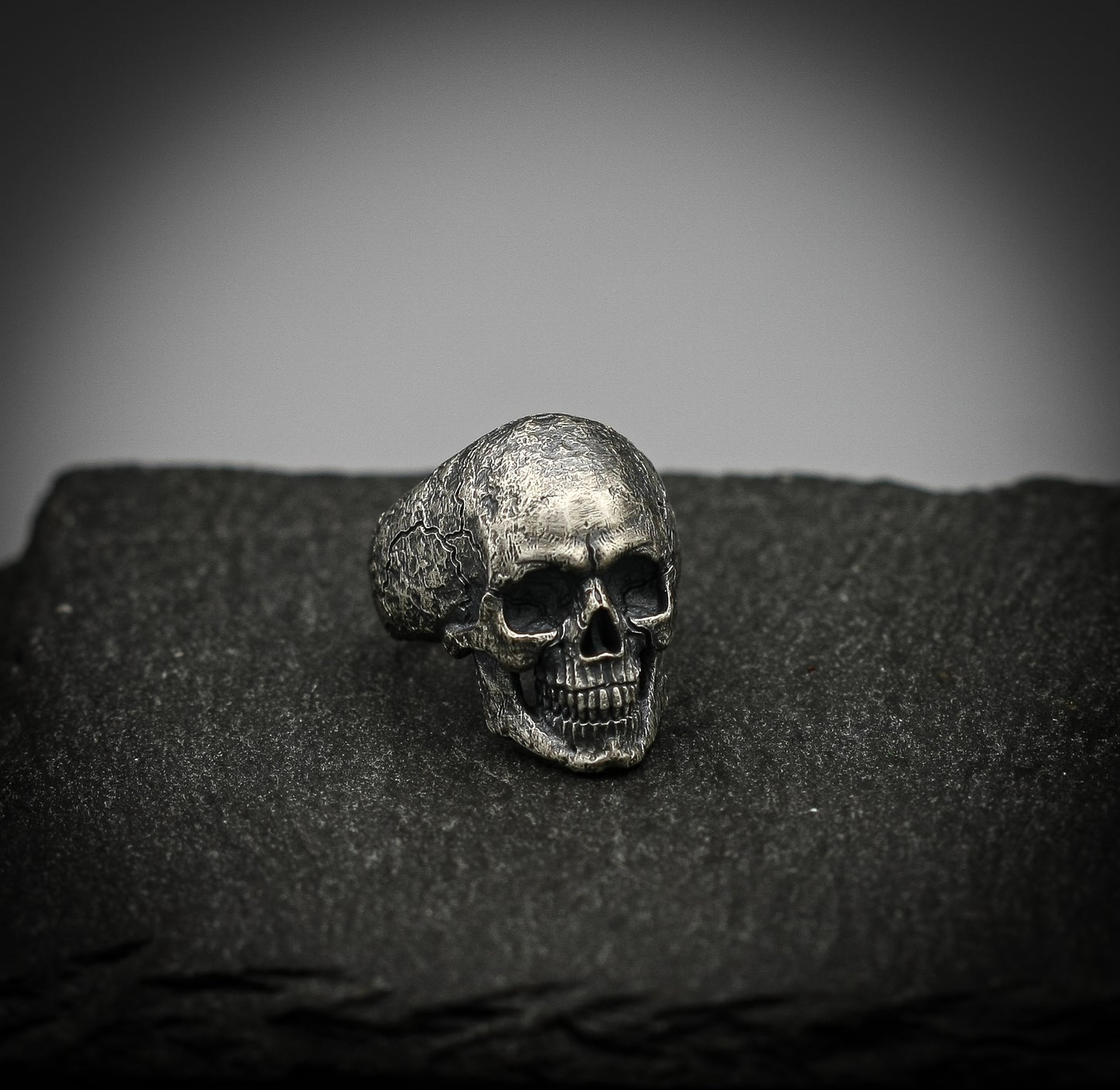 Sterling Silver Skull Ring – Brutalist Scratched Band | Handmade Gothic