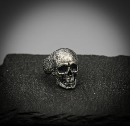 Sterling Silver Skull Ring – Brutalist Scratched Band | Handmade Gothic