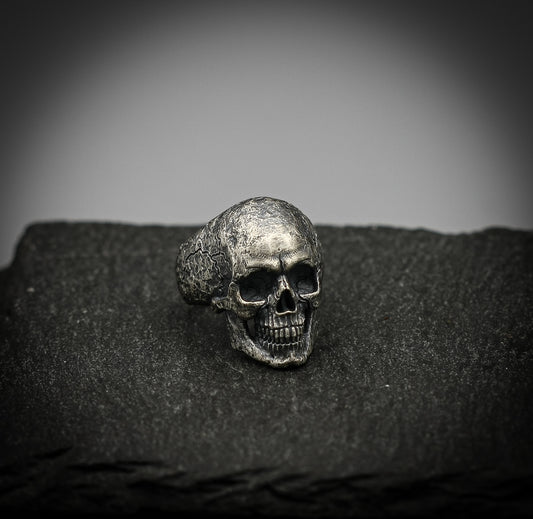 Sterling Silver Skull Ring – Brutalist Scratched Band | Handmade Gothic