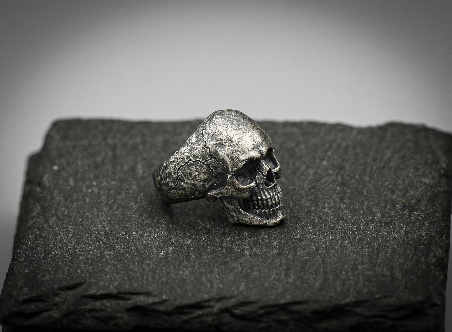 Sterling Silver Skull Ring – Brutalist Scratched Band | Handmade Gothic