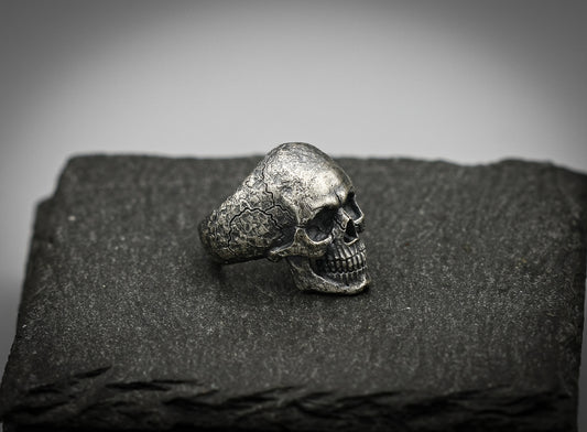 Sterling Silver Skull Ring – Brutalist Scratched Band | Handmade Gothic