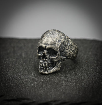 Sterling Silver Skull Ring – Brutalist Scratched Band | Handmade Gothic