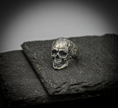 Sterling Silver Skull Ring – Brutalist Scratched Band | Handmade Gothic