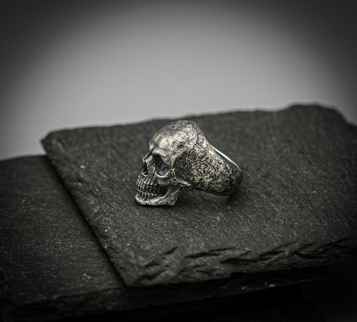Sterling Silver Skull Ring – Brutalist Scratched Band | Handmade Gothic
