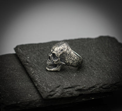 Sterling Silver Skull Ring – Brutalist Scratched Band | Handmade Gothic