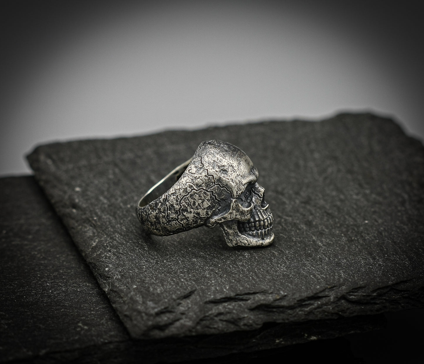 Sterling Silver Skull Ring – Brutalist Scratched Band | Handmade Gothic