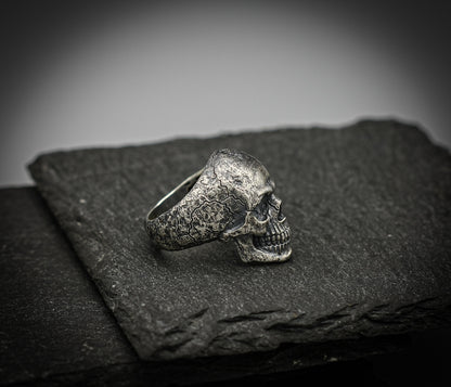 Sterling Silver Skull Ring – Brutalist Scratched Band | Handmade Gothic