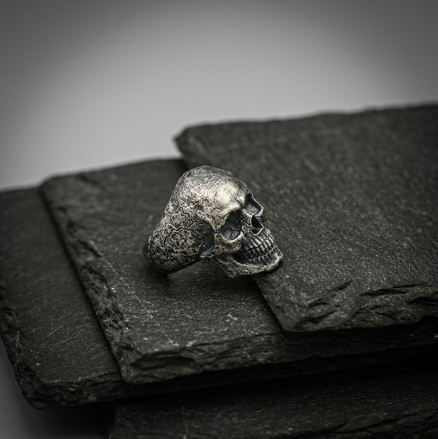Sterling Silver Skull Ring – Brutalist Scratched Band | Handmade Gothic