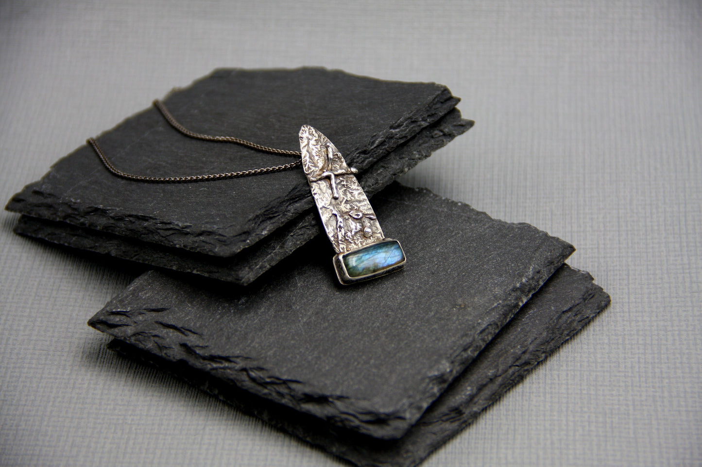 Sterling silver amulet, labradorite pendant, abstract jewellery