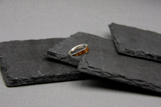 Women silver ring, Baltic amber ring, amber inlay band, stacking ring