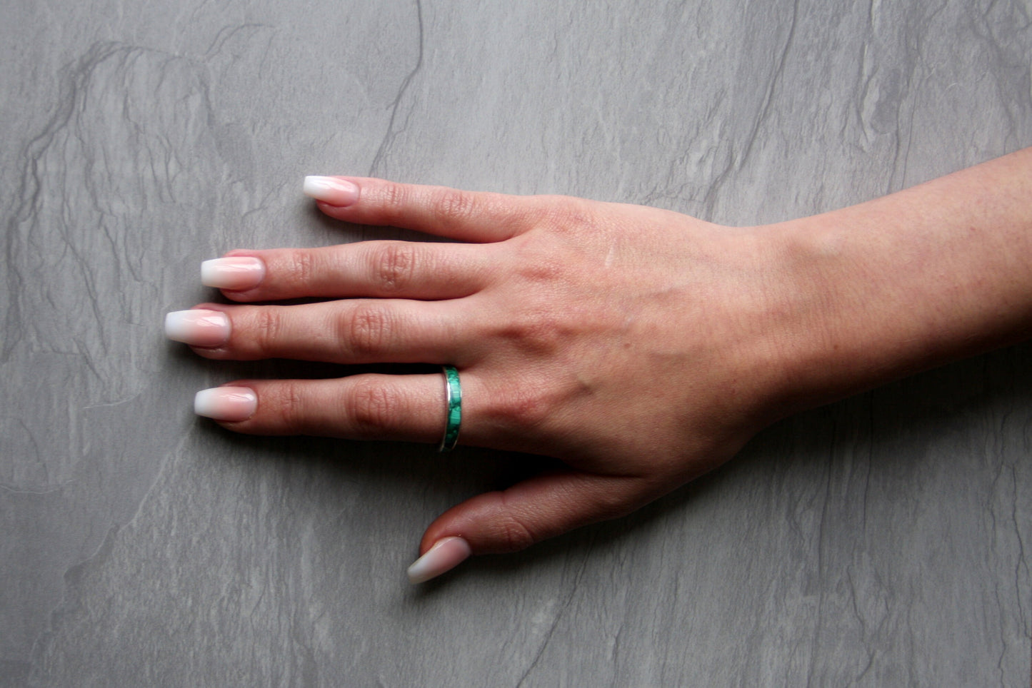 Silver women ring, malachite inlay ring, silver band, stacking ring