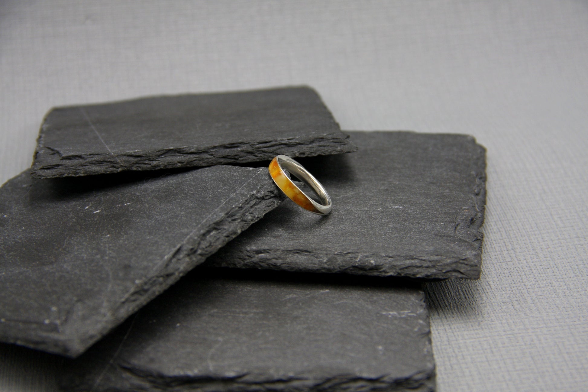 Women silver ring, Baltic amber ring, amber inlay band, stacking ring