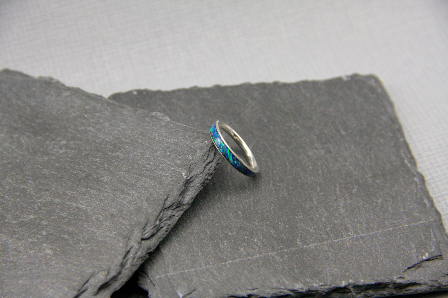 Opal inlay ring, women silver ring, blue opal band