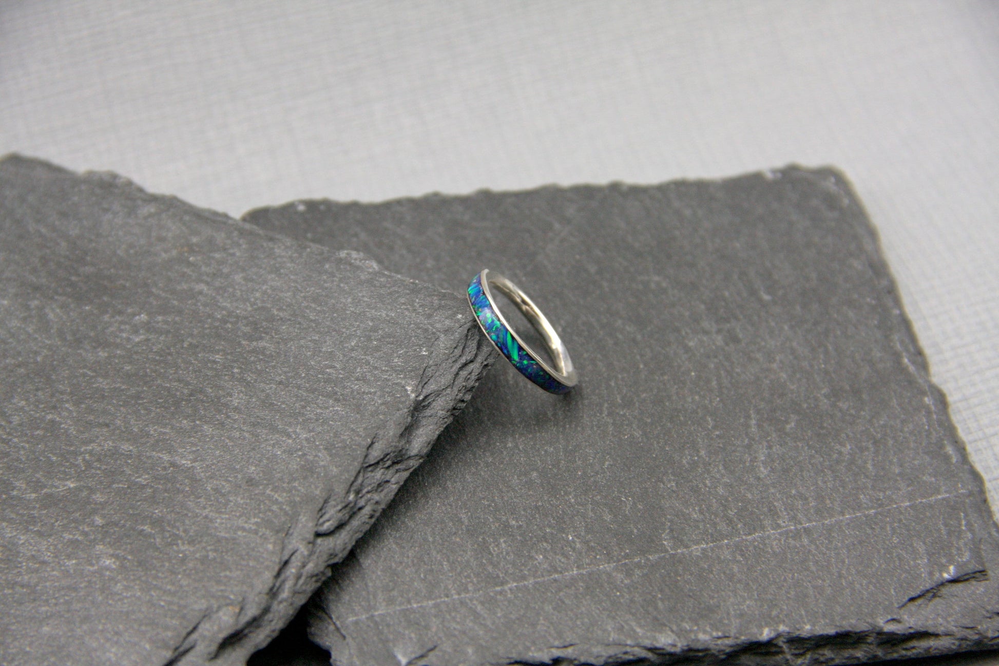 Opal inlay ring, women silver ring, blue opal band