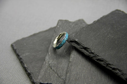 Silver turquoise inlay ring, wave stacking band.