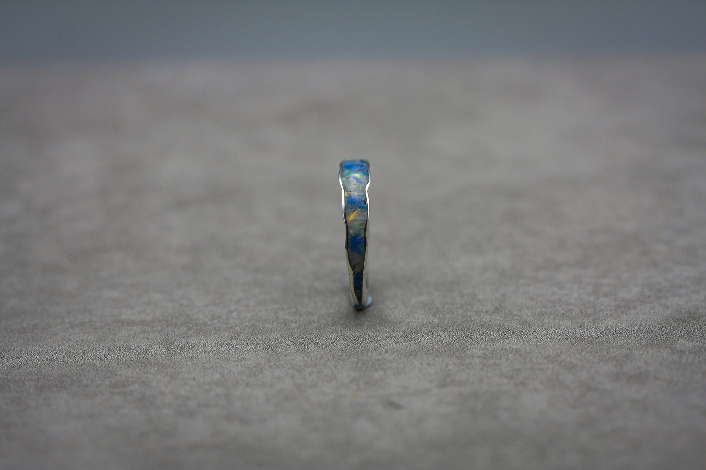 White opal inlay ring, blue opal flake band, unique women wedding ring