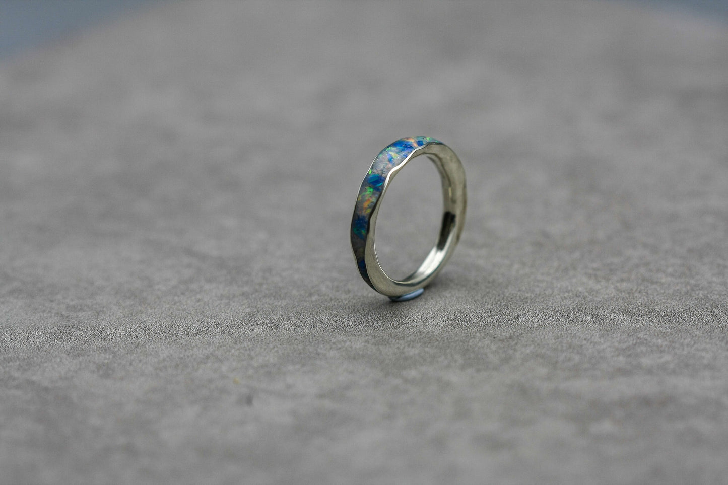 White opal inlay ring, blue opal flake band, unique women wedding ring