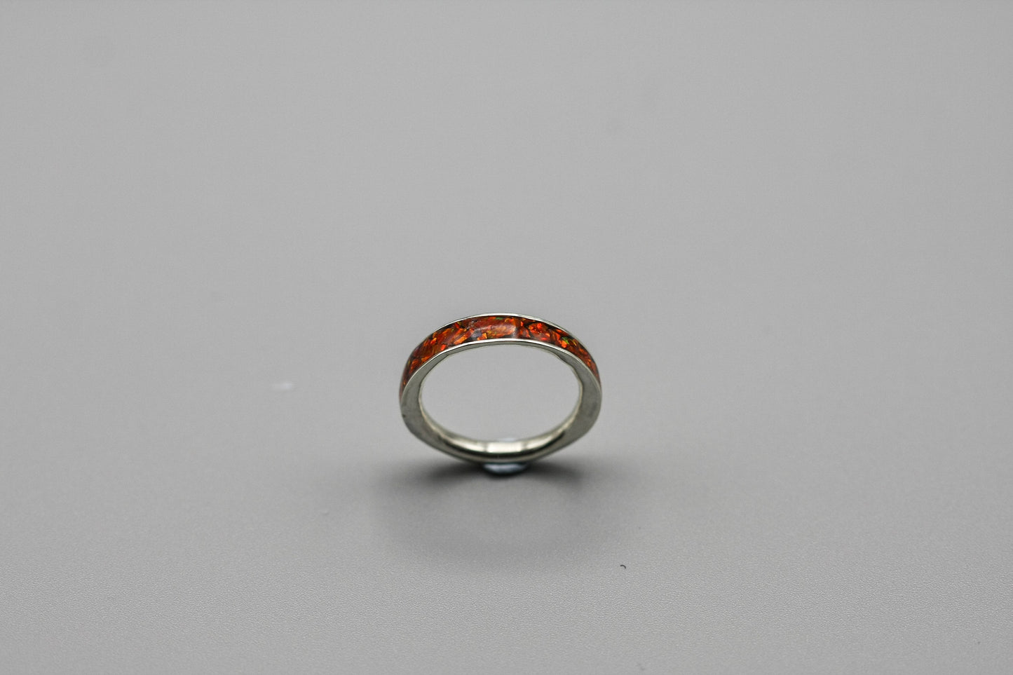 Red opal ring, silver inlay band, unique women wedding ring