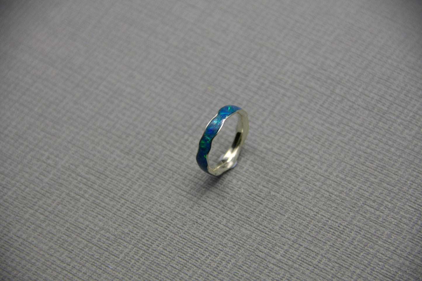 Opal inlay wave ring, blue crushed opal wedding ring, silver ring