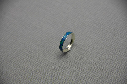 Opal inlay wave ring, blue crushed opal wedding ring, silver ring