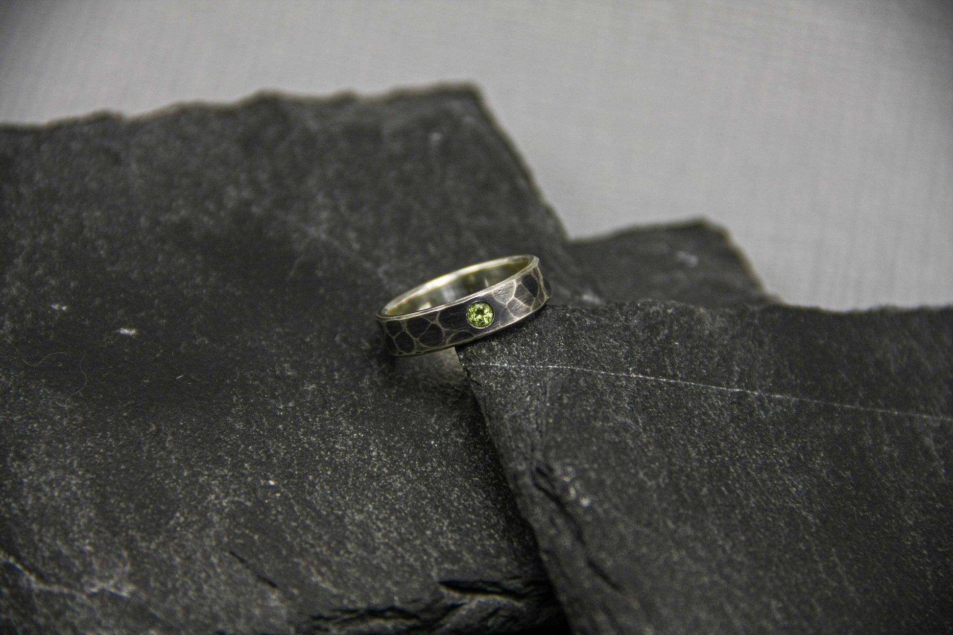 Sterling silver ring with peridot, hammered ring, unique wedding ring