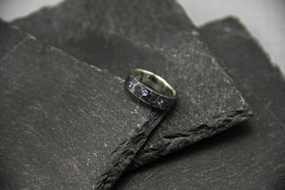 Amethyst wedding ring, unique hammered band, oxidised ring